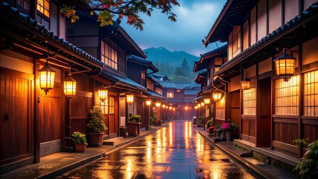 Traditional buildings line a wet, cobblestone street illuminated by warm lanterns at dusk with mountains in the background, creating an Asian feel.