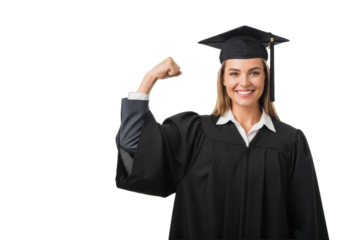 young caucasian university graduate in black gown and mortarboard confidently flexing bicep, smiling proudly in a high-key studio medium shot with copy space. concept of empowerment through education