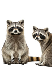 Obraz premium three juvenile procyon lotor raccoons with soft fur posing curiously in a highly detailed, high-key studio photo, isolated on transparent with copy space. concept of charming wildlife