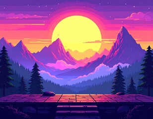 Pixelated mountains and sunrise view