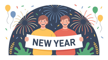  Festive illustration with two characters holding “NEW YEAR” banner amid fireworks, balloons, confetti, and decorative leaves—perfect for seasonal greetings, celebration posters, and event visuals