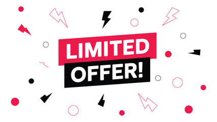 Bold promotional graphic with “LIMITED OFFER!” text in red, black, and white, surrounded by dynamic lightning bolts and geometric shapes—ideal for marketing, advertising, and retail campaigns 