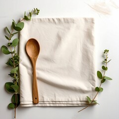 Cream napkin, wooden spoon and greens