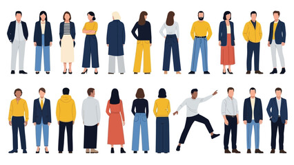 Diverse people set vector illustration. Collection of male and female characters in front and back views, wearing modern casual and formal attire. Isolated standing poses for business or crowd concept