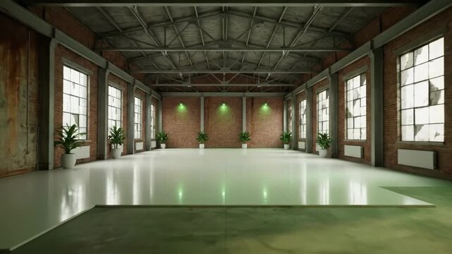 An old, dark industrial warehouse transforms into a bright, modern studio. Clean white floors and green accent lighting create a fresh look.