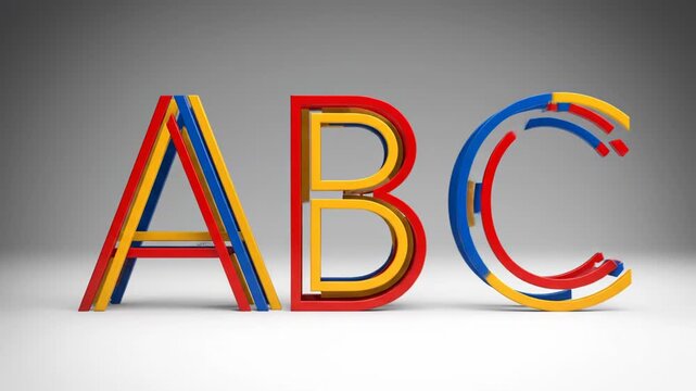 Colorful 3D letters A, B, C dynamically form on a clean background. This vibrant animation represents education, learning, and fundamental concepts.
