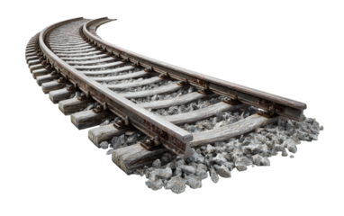 Curving weathered railway tracks with old wooden sleepers and sharp ballast stones isolated