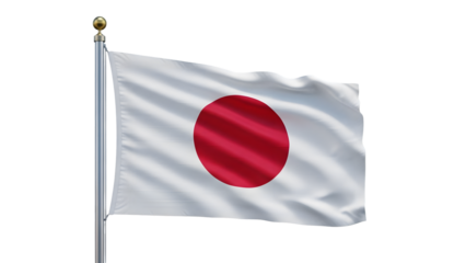 Japanese flag waving on a flagpole isolated on transparent background