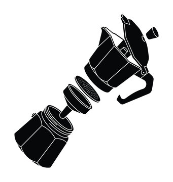 Moka pot exploded view, coffee maker parts, brewing equipment, cafe appliance