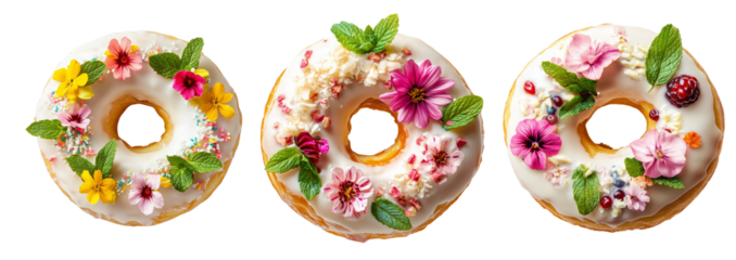 Donut with white glaze decorated with colorful edible flowers and mint leaves, isolated on a white background.