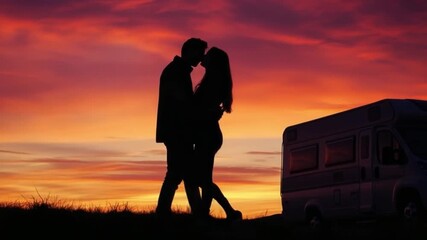 A romantic silhouette of a couple sharing a kiss against a stunning sunset. A van captures their adventurous spirit. Love and travel come together. Generative AI