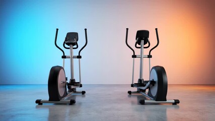 Two modern elliptical trainers appear in a vibrant, gradient-lit studio. This dynamic scene showcases fitness equipment in a stylish, empty gym.