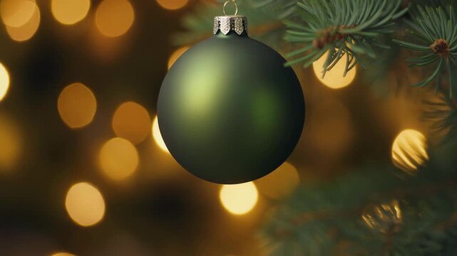 Close-up of a single green Christmas ornament hanging on a pine tree branch with blurred bokeh lights in the background.