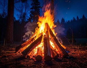 野外で焚火　キャンプ
