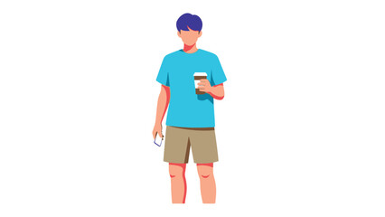 A young man with blue hair holds a coffee and a smartphone