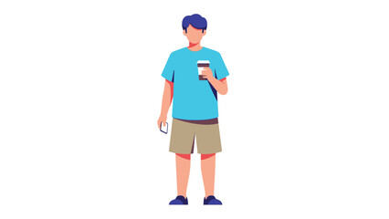 A young man holding a drink and a phone casually dressed