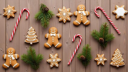 Gingerbread Cookies and Pine Branches on Wooden Background