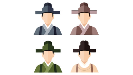 Flat Vector Illustration Set of Traditional Korean Men Wearing Hanbok and Gwanmo Hats