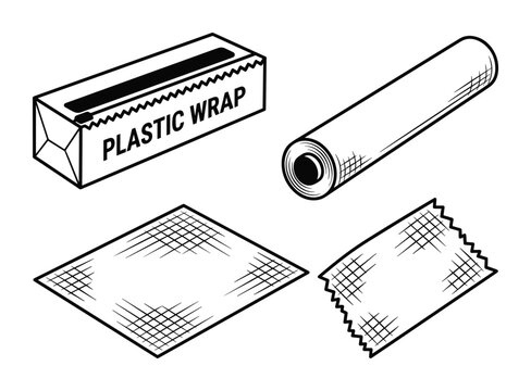 Plastic wrap packaging and roll. Transparent film sheets for food storage. Household item collection.