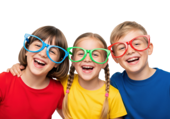three laughing caucasian children (6-8 y/o) in bright primary shirts and novelty eyeglasses, medium close-up studio shot on a transparent background with copy space. concept of playful friendship