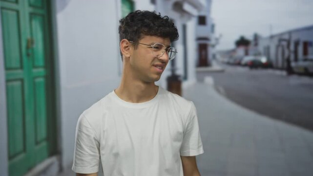Man wearing clear frame glasses and white t shirt squints on a residential street entrance during daytime; discomfort.