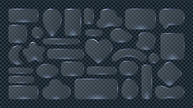 Set of glass morphism buttons and shapes with transparent glossy effect and modern app-inspired design. Glass button morphism style elements are ideal for UI, icons, and futuristic web compositions.