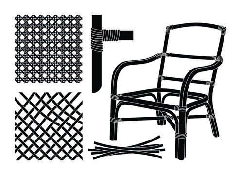 Rattan chair with weaving patterns and construction details. Elements for natural furniture craftsmanship. Isolated vector.