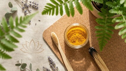 Flatlay with Bamboo Toothbrush, Organic Turmeric Jar, Palo Santo on Cork Mat, and Lotus Etching in Dawn Fern Light 