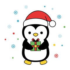 Cute Christmas Penguin Holding a Gift
