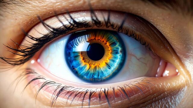 Detailed close-up of a human eye with vivid blue and orange iris, showing eyelashes and skin texture with visible blood vessels.