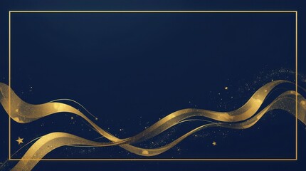 Minimalist composition of organic flowing gold ink lines on a deep sapphire background, abstract celebration of achievement, high contrast luxury aesthetic, subtle glitter effect. Generative AI