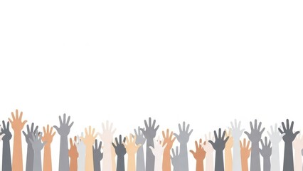 Fototapeta premium A diverse group of hands raised in the air, symbolizing unity, participation, and a collective call for attention or support