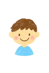 Cute Hand-Drawn Boy Character | Smiling Childlike Face with Brown Hair, Pink Cheeks & Blue Shirt | Crayon-Style Preschooler Illustration in Simple Friendly Doodle Style | Playful Kids Avatar, Nursery 