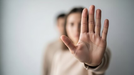 Woman holding up hand in gesture of stop or warning, protecting herself from potential danger, domestic violence awareness