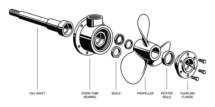 Ship stern tube assembly, marine propulsion system, tail shaft, propeller, seals, bearing, coupling flange