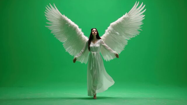 Woman with large white wings poses in a green screen studio for film or photoshoot capturing fantasy and ethereal themes