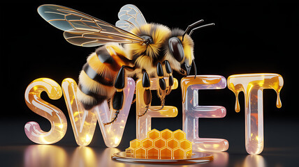 Bee and sweet word with honey and honeycomb Keywords: bee, insect, honey, sweet, word, text