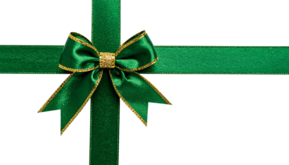 green ribbon and bow with gold isolated against White PNG 