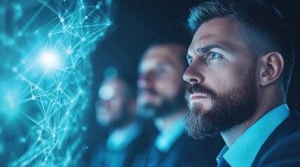 Energy stock finance Business people in a meeting discussing energy finance, charts and graphs on a screen, serious expressions