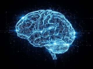Glowing blue circuit board brain with neon lights on dark background representing artificial intelligence and technology advancements in neuroscience