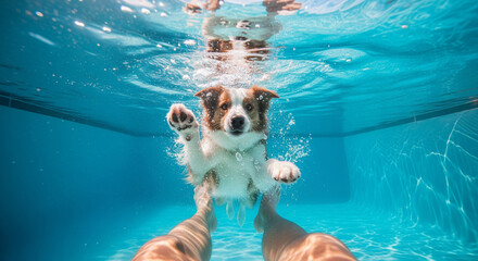 Adorable dog paddling happily underwater in a swimming pool with human companion