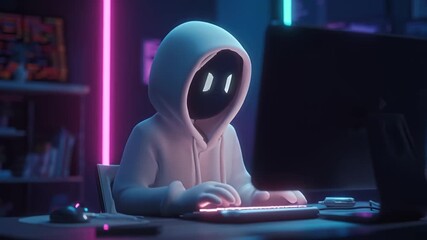 A cute 3D character in a hoodie intently typing at a glowing computer in a neon-lit digital workspace, perfect for cybersecurity, coding, and ethical hacking themes.