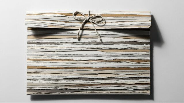 Textured mailer bag tied with string, isolated on a white background, showcasing a layered paper design with natural tones
