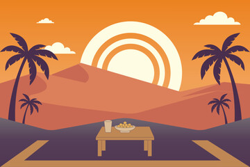 Sunset Ramadan Iftar Illustration &ndash; Palm Trees and Crescent Moon Landscape