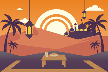 Ramadan Sunset Mosque Illustration &ndash; Iftar Table and Lantern Hanging Vector