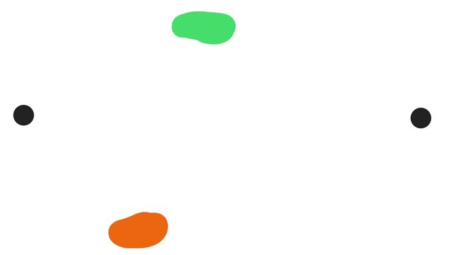 An animation of two black circles on either side of the image. Colored spots arc back and forth toward these objects.