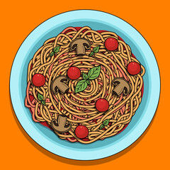 A stylized illustration of a plate of spaghetti viewed from above. Garnished with cherry tomatoes, sliced ​​brown mushrooms, and a few small basil leaves on orange background. National Spaghetti Day.