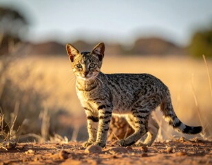 Feline with striped fur stands in sunlit, dry grassland; blurred background