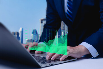 Businessman showing stock market graph, business finance and investment concept, finance, capital, global economic growth, coins, business profit graph, long term investment