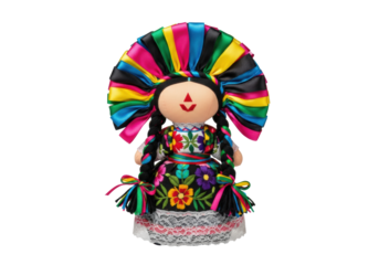 A single, handmade mexican muñeca maría rag doll with braided hair, vibrant ribbon headdress, and intricate floral embroidered folk dress, isolated on a transparent background. Concept of